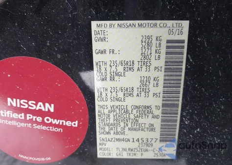 2016 Nissan Murano Sl from USA, damaged, VIN 5N1AZ2MH4GN145377